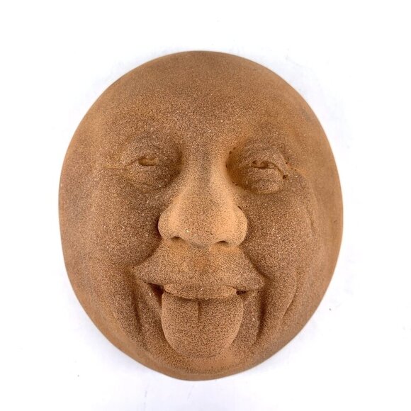 Red Clay Face Tongue Out Whimsical Decor Sun Face Wall Hanging Pottery 6.25" - Picture 1 of 6